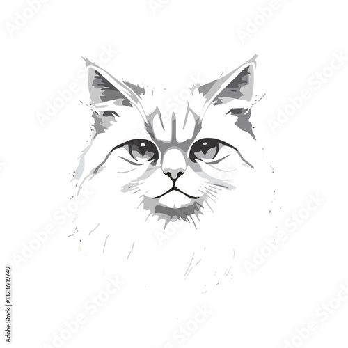 Stylized gray cat face portrait in monochrome on white background copy space