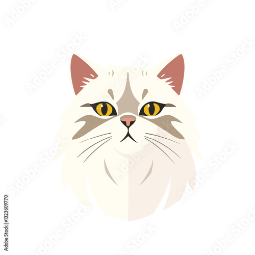 Elegant white cat face illustration with bright yellow eyes on white background copy space