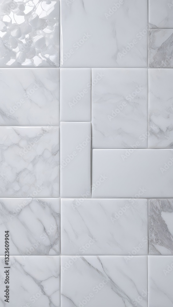 Naklejka premium White marble textured ceramic tiles in geometric pattern. Modern bathroom or kitchen wall interior design with glossy and matte surfaces