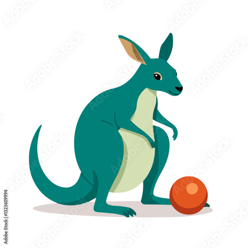 Playful kangaroo interacting with a ball on white background copy space