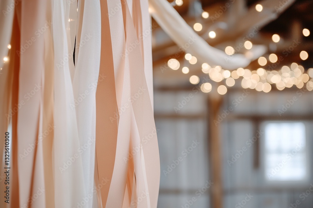 In a rustic barn, paper streamers in neutral tones sway gently while warm fairy lights hang above, creating a cozy ambiance perfect for gatherings or celebrations In a rustic barn, paper streamers in neutral tones sway gently while warm fairy lights hang above, creating a cozy ambiance perfect for gatherings or celebrations