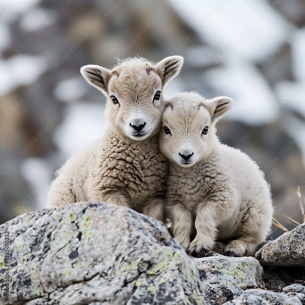 Adorable Mountain Goat Kids Huddle Together on Rocky Terrain. A heartwarming image of two young wild goats nestled amongst rocks in a stunning natural setting. Adorable Mountain Goat Kids Huddle Together on Rocky Terrain. A heartwarming image of two young wild goats nestled amongst rocks in a stunning natural setting.