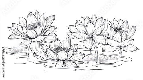 Water lilies blooming serene pond, nature illustration, design element
