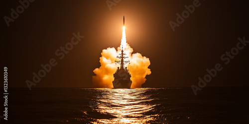 A combat missile takes off from a warship towards a target—illustration of a battle on the water.