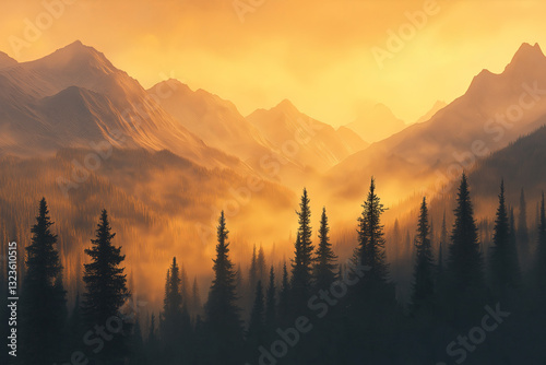 Obraz na płótnie Serene Mountain Valley at Dawn with Dense Fog and Golden Light – Pine Peaks Emerging Through the Mist w salonie