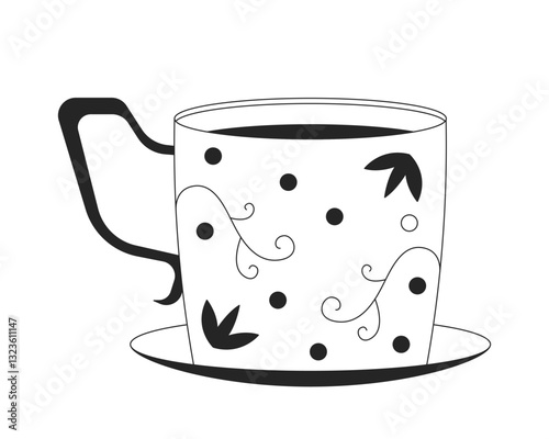 Elegant vintage teacup with floral patterns 2D line object. Tea cup with intricate retro decorations placed on saucer isolated clipart vector ink outline item. Monochrome spot illustration