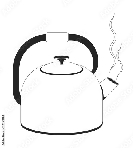 Stove kettle with steam 2D line object. Home comfort, kitchen essential, tea preparation. Boiling water. Kitchenware teapot isolated clipart vector ink outline item. Monochrome spot illustration