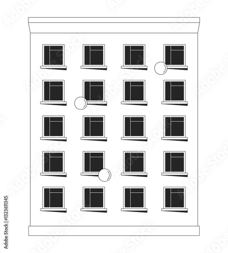 Cozy multi-story residential building 2D line object. Rental property. Apartment complex home. Realestate multistory housing isolated clipart vector ink outline item. Monochrome spot illustration