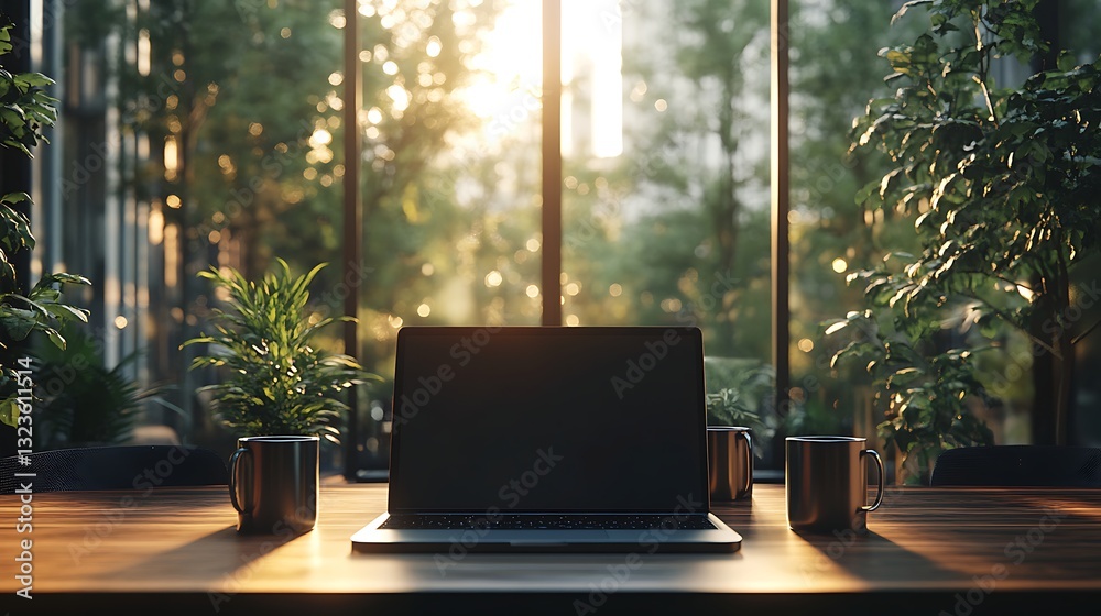 Fototapeta premium Cozy Modern Workspace with Laptop and Greenery, A modern workspace featuring a laptop on a wooden desk