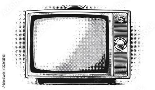 Vector image of retro television, halftone style, vintage TV illustration, classic media, old-school television graphics, 80s TV design, transparent background, nostalgic TV art.