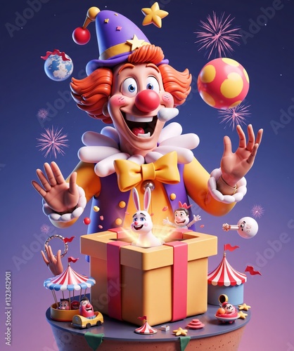 Colorful clown with orange hair in purple star - adorned hat, yellow bow tie, smiling beside gift box with rabbit. Surrounded by circus tents, fireworks, balls for April Fools' Day and carnival.