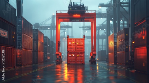 Cargo containers get lifted by a straddle crane inside an industrial loading dock during the night.
