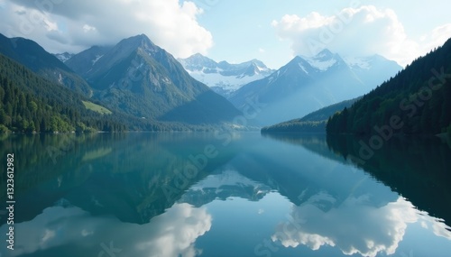 Cloudy mountain peaks mirrored in the surface of a peaceful lake, nature, mountains