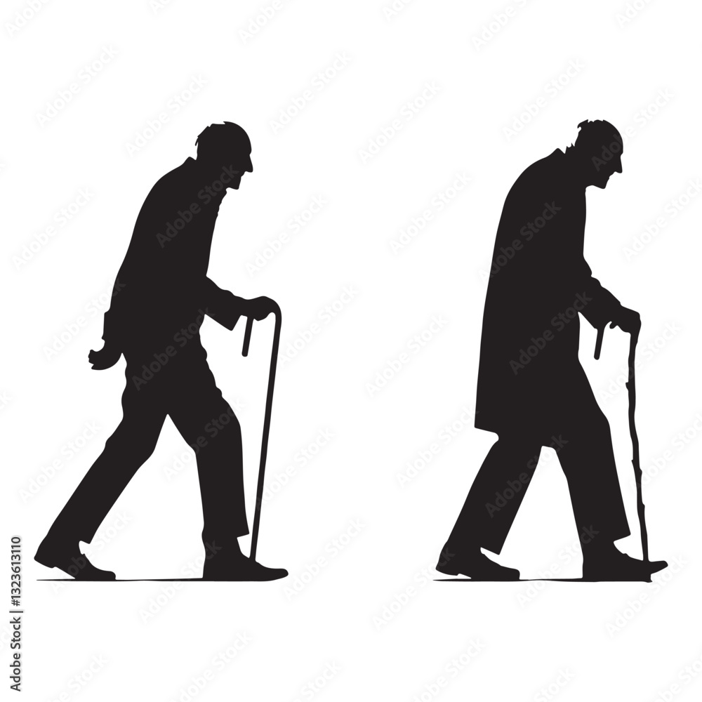 Obraz premium Lost in Thought Walking Oldman silhouette, a mind wandering through time - Oldman illustration - Minimalist Walking Oldman vector - Contemplative figure 