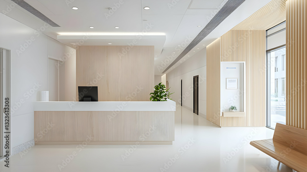 Fototapeta premium Modern Interior Of A Bright Reception Hallway With Wooden Panels And White Walls
