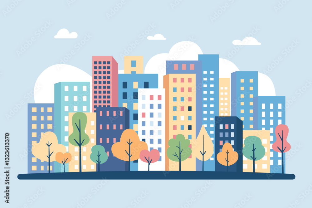Obraz premium City. Cityscape. City district with tall buildings, residential real estate, offices, trees, sidewalks and road. Modern metropolis. Business district vector illustration.