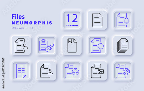 Files set icon. Personal document, clipboard, download, medical file, image attachment, notification, data analysis, contract, folder, multiple pages, official paperwork, digital archive