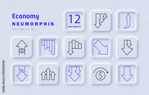 Economy set icon. Financial growth, market decline, investment arrows, economic indicators, currency fluctuation, inflation, interest rate, statistics, financial trends, revenue increase, stock market