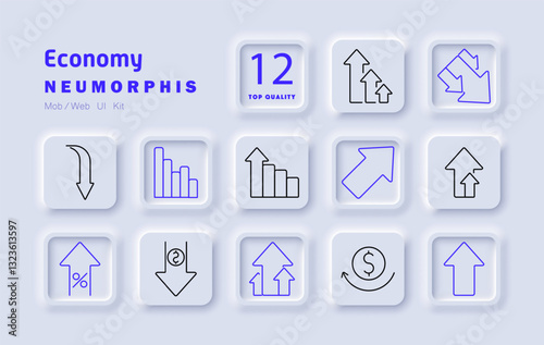 Economy set icon. Financial growth, stock market rise, currency fluctuation, investment trends, economic stability, interest rates, profit analysis, trade increase, business expansion, revenue boost