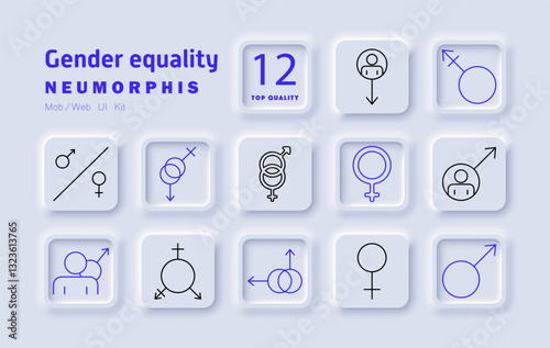 Gender equality set icon. Male and female symbols, gender balance, inclusivity, diversity, equality sign, feminism, human rights, LGBTQ representation, social justice, empowerment, gender roles