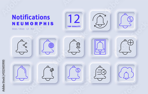 Notifications set icon. Message alerts, email reminders, app notifications, push alerts, global messaging, social updates, system tracking, security alerts, digital interaction, online communication