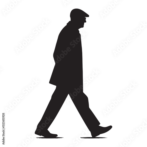 Pensive Walking Oldman silhouette, taking slow steps through time - Oldman illustration - Minimalist Walking Oldman vector - Thoughtful elder

