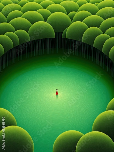 Person in red dress standing in green circular water area surrounded by round green trees. Suitable for nature, fantasy, solitude, art design scenes.