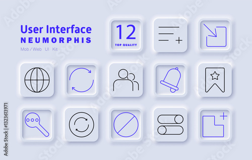 User interface set icon. Global connection, sync function, notification bell, bookmarking, toggle switch, expand window, user profile, settings, navigation, interactive elements