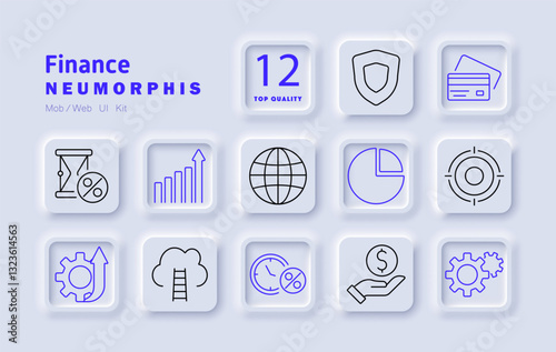 Finance set icon. Interest rate, stock growth, global economy, pie chart, target, credit card, financial security, investment, cloud banking, savings, automation