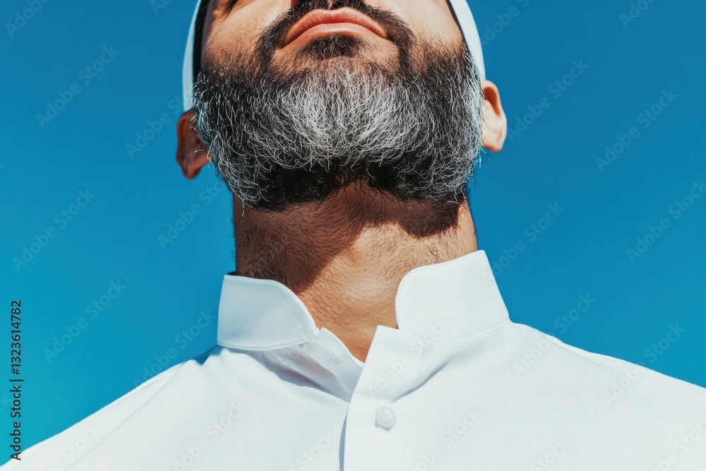 Modern Minimalist Masculinity Crisp White Shirt and Distinguished Beard Against Vibrant Blue - Contemporary Professional Personal Branding Aesthetic Modern Minimalist Masculinity Crisp White Shirt and Distinguished Beard Against Vibrant Blue - Contemporary Professional Personal Branding Aesthetic