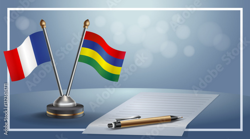 France and Mauritius National flags on small table with bokeh background, cooperative relationship. Template vector Illustration