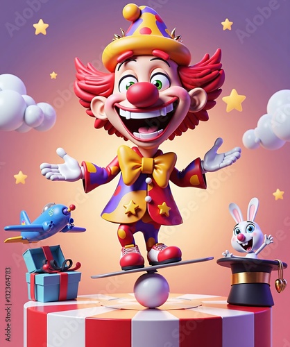 Colorful clown with red hair in yellow - purple dotted hat, yellow bow tie, standing on ball and skateboard. Surrounded by toy plane, gift box, magic hat rabbit, stars, for April Fools' Day ， carnival