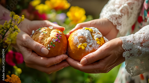 Women's hands hold modern painted Easter eggs. photo