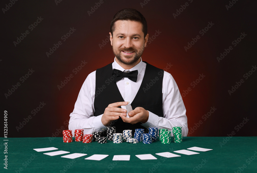 Professional croupier shuffling cards at gambling table against dark red background