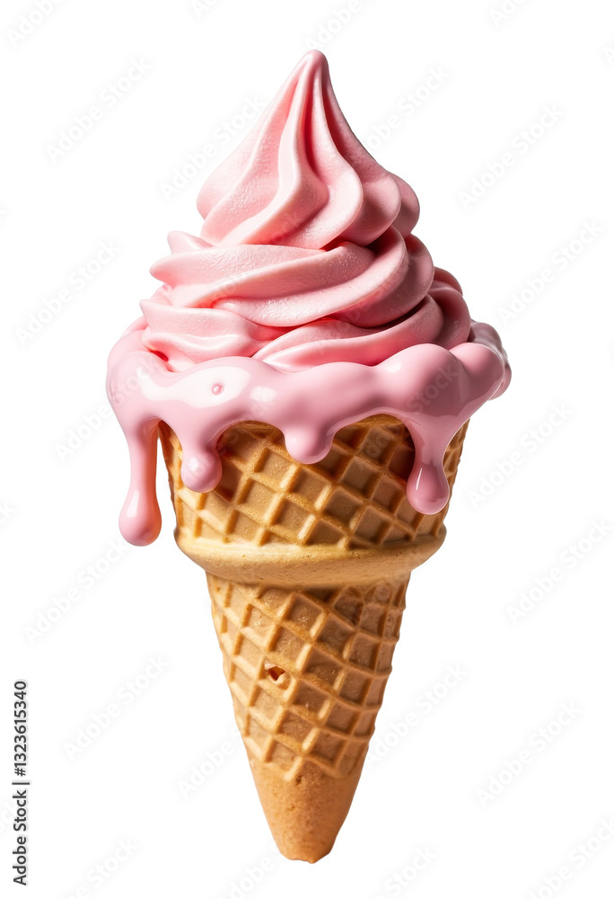 Pink soft serve ice cream in a cone with dripping glaze, transparent background Pink soft serve ice cream in a cone with dripping glaze, transparent background
