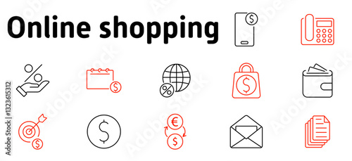 Online shopping set icon. E-commerce, digital payment, discount, global market, transaction, mobile banking, currency exchange, financial planning, sales, budget management, wallet, invoice