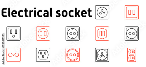 Electrical socket set icon. Power outlet, plug types, international sockets, electricity, home appliance, voltage, connection, electrical safety, infrastructure, current, household electronics