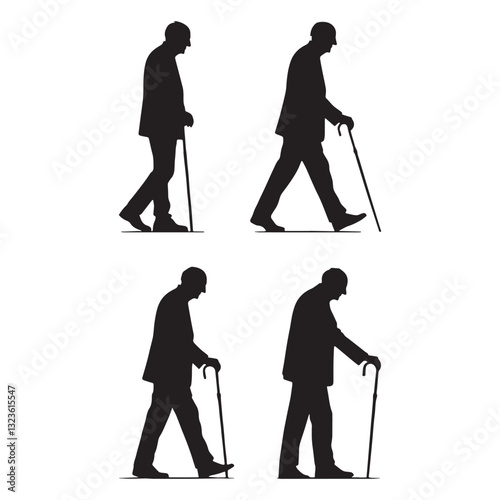 Lonely Walking Oldman silhouette, wandering through memories - Oldman illustration - Minimalist Walking Oldman vector - Nostalgic figure
