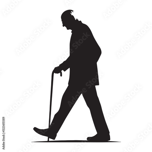 Gentle Walking Oldman silhouette, strolling with a lifetime of wisdom - Oldman illustration - Minimalist Walking Oldman vector - Aging silhouette
