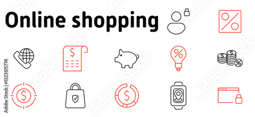 Online shopping set icon. Customer, payment, price tag, discount, mobile shopping, piggy bank, invoice, digital wallet, security, marketplace, global shopping, cashback, money transfer, cost saving