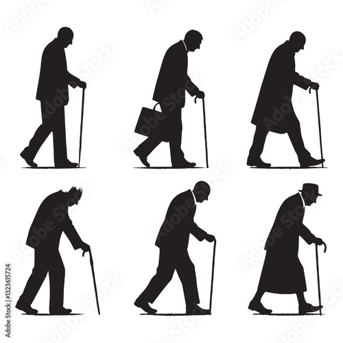 Resilient Walking Oldman silhouette, moving forward despite the years - Oldman illustration - Minimalist Walking Oldman vector - Senior figure
