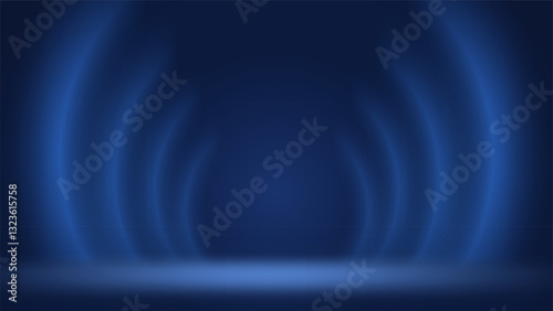 Blue stage background. Minimalist dim interior studio room. Backdrop for montage displaying products presentation, advertising. Showcase. Template layout for ad. Circular gradient. Vector illustration