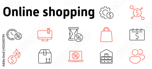 Online shopping set icon. Price tag, discount, warehouse, limited-time offer, online marketplace, shopping bag, data analytics, sale countdown, inventory, digital commerce, financial management