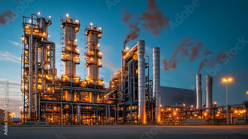Illuminated Industrial Plant At Dusk Showing Towers Pipes and Lights Against Blue Sky