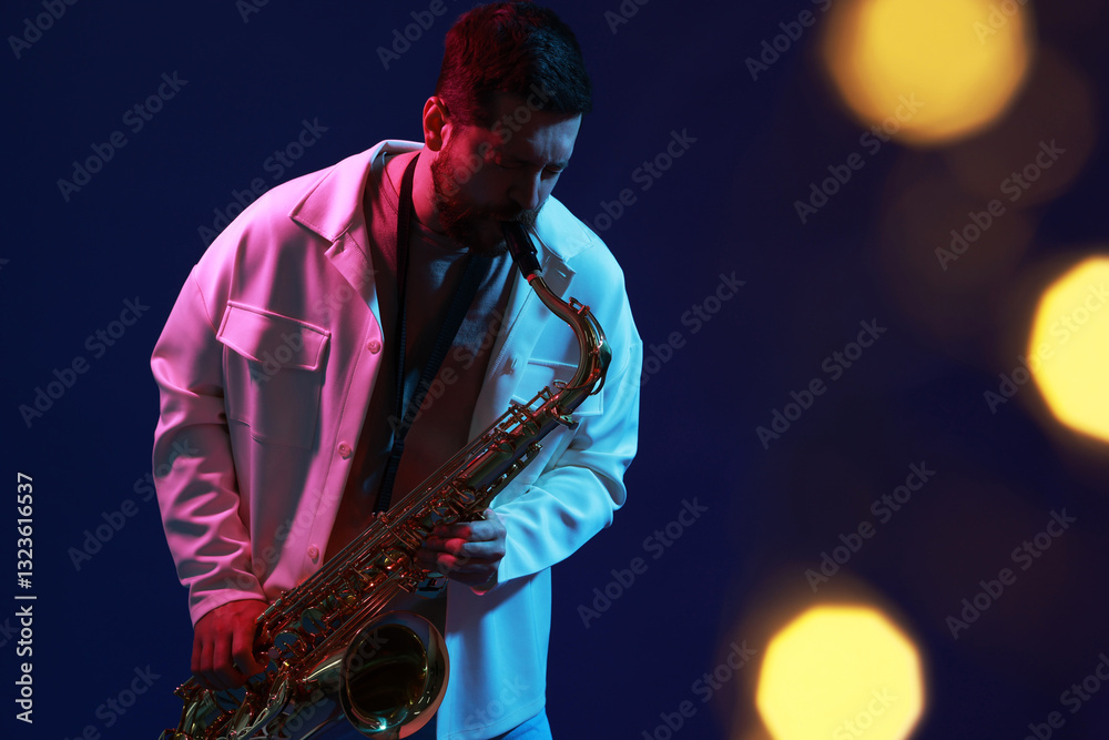 Obraz premium Professional musician playing saxophone on blue background with blurred lights. Bokeh effect