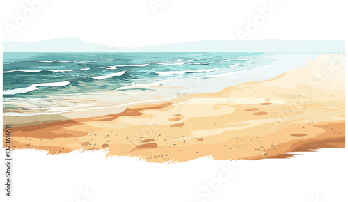 Sea beach scenery vector, sand isolated on transparent background, coastal landscape, ocean view, summer beach, tropical coastline, holiday destination, nature background