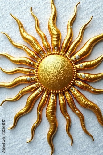 Golden sunburst motif with beading on white canvas fabric, fabric, decorative