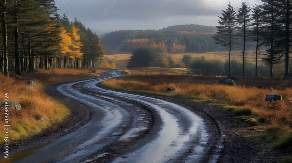 Obraz premium Winding Country Road Through Autumnal Forest Landscape