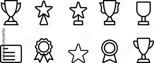 Awards and trophy icon set. Simple Black Line Icons of Awards and Trophies. Trophy cup, Medal, Winner prize icon. Medal, winner prize, certificate icon in flat linear style. Vector EPS 10
