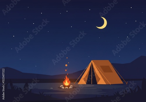 Tranquil night camping illustration featuring a tent by a lake, a warm bonfire, a crescent moon, and a starry sky. Ideal for outdoor adventure, travel, and nature-themed designs.